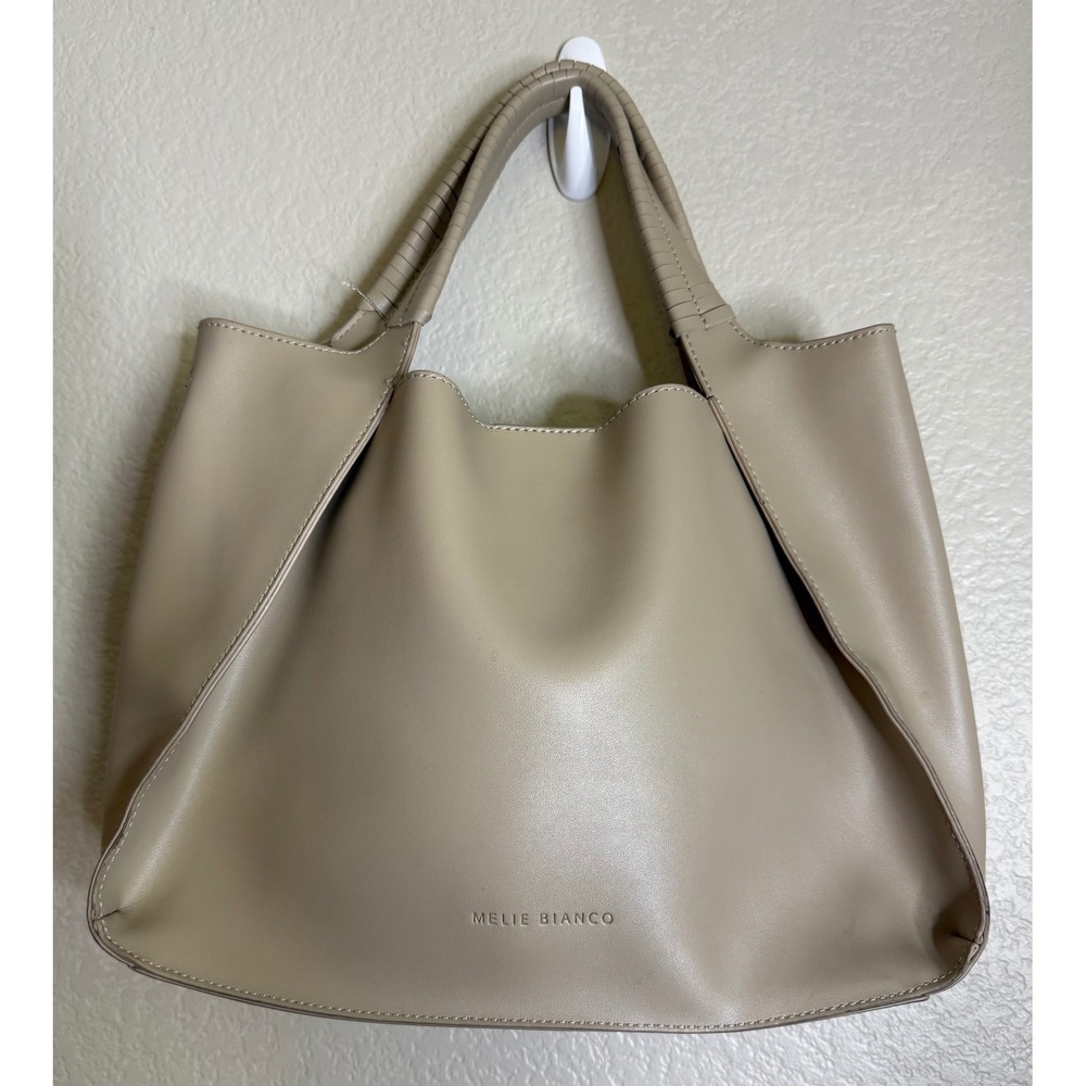 Melie Bianco Structured Handbag Purse Beige Vegan Leather Whipstitch Handle